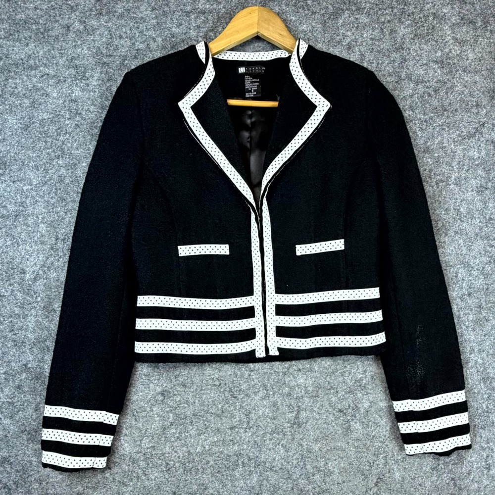 Vintage Carole Little Cropped Blazer Jacket‎ Womens Small Black White Old Money